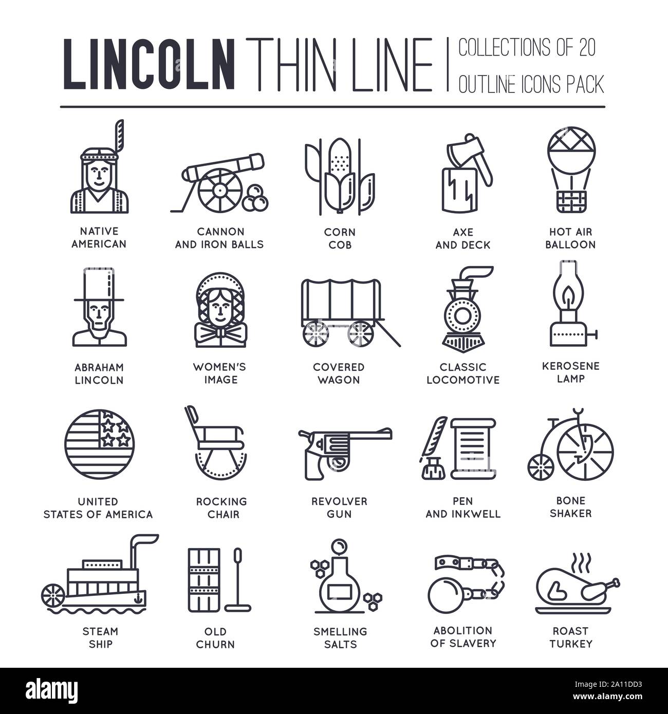 Set of President day in USA thin line icons on white. Abraham Lincoln life`s moments outline pictograms collection. Technological advances of 19th century vector element for infographic, web. Stock Vector